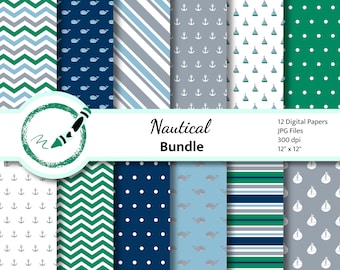 Nautical Digital Paper Commercial Use, Blue and Green Background, Sea Background green blue navy chevron polka dot anchor whale sailboat