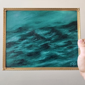 Emerald Ocean }  original green ocean oil painting in vintage frame, gallery wall art, framed water painting
