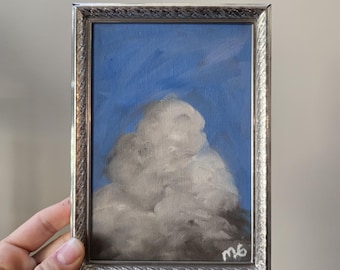 September Sky } original oil painting, fluffy clouds, gallery wall, moody cloud art, small painting, vintage brass frame