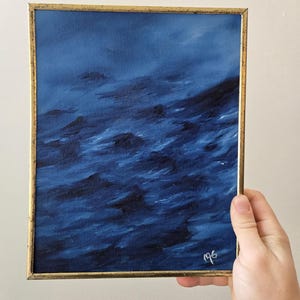 Feeling Blue }  original green ocean oil painting in vintage frame, gallery wall art, framed water painting