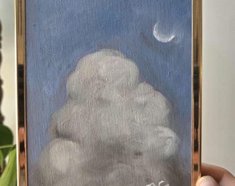 August Sky } original oil painting, fluffy clouds, gallery wall, moody cloud art, small painting, vintage brass frame