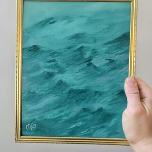 Green Sea } original ocean oil painting in vintage frame, gallery wall art, framed water painting