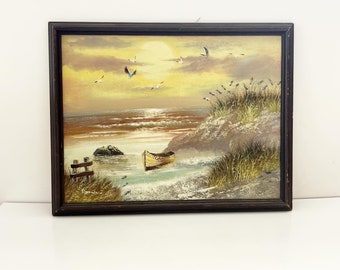 Vintage Original oil painting of boat on shore of beach at sunset