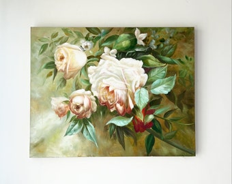 Handpainted original garden rose oil painting on canvas