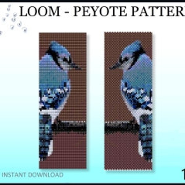 Blue Jay Bird Loom et Peyote Bead Pattern No.109 - Bracelet Cuff Seed Beading Pattern - Miyuki Delica Beadwoven Graph PDF Instant Download