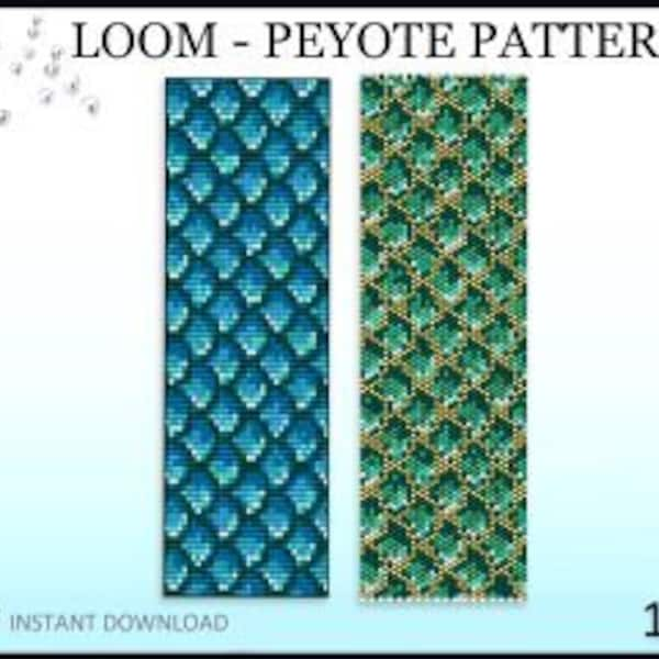 Delica Beads Loom & Peyote Stitch Pattern No.119 - Deux variantes Blue Gold Plaqué Turquoise Color Cuff Pattern - Mermaid Scales Fish Pattern