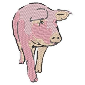 Peut inclure: Un cochon rose avec une queue bouclée, debout sur ses quatre pattes. Le cochon regarde vers la droite.