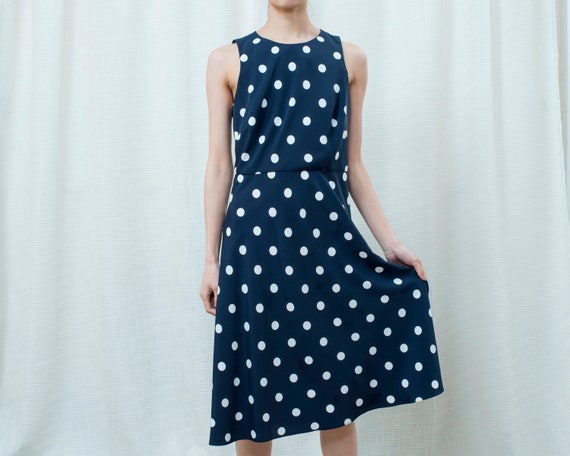 90s navy blue polka dot midi dress 