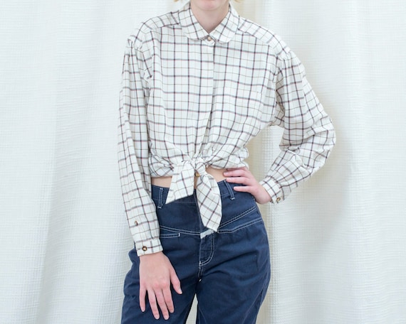80s white plaid peter pan collar flannel blouse |