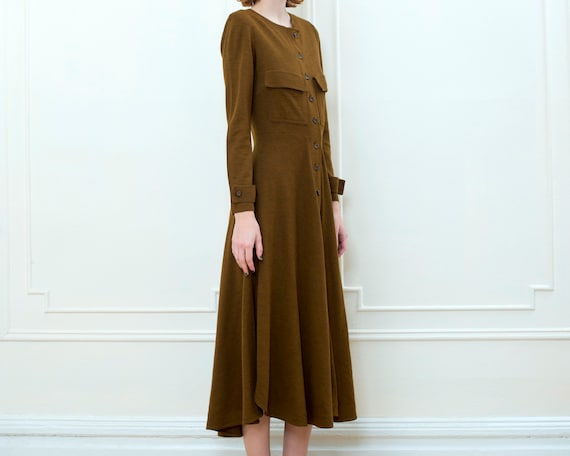 50s brown wool midi dress | patch pocket long sle… - image 4