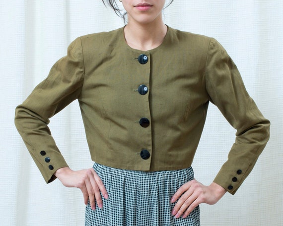 80s green cropped power suit blazer small | linen… - image 3