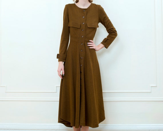 50s brown wool midi dress | patch pocket long sle… - image 1