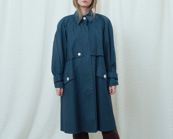 70s navy polka dot trench coat medium | dark blue