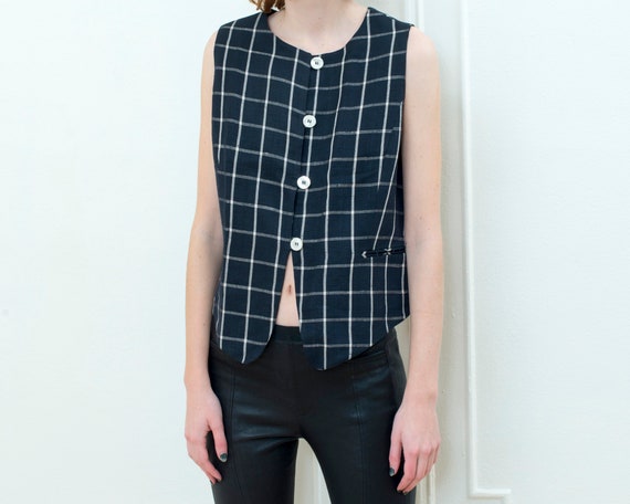 90s black linen vest | black and white plaid chec… - image 3