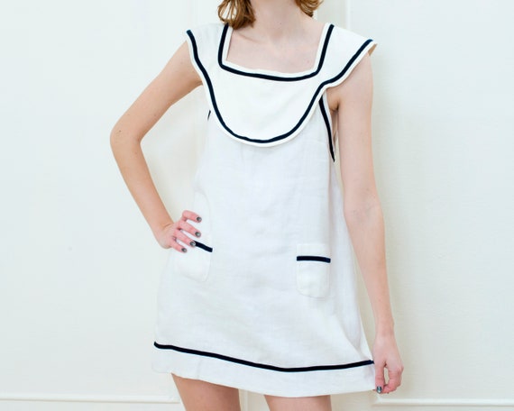vintage white linen sailor dress | 80s white linen