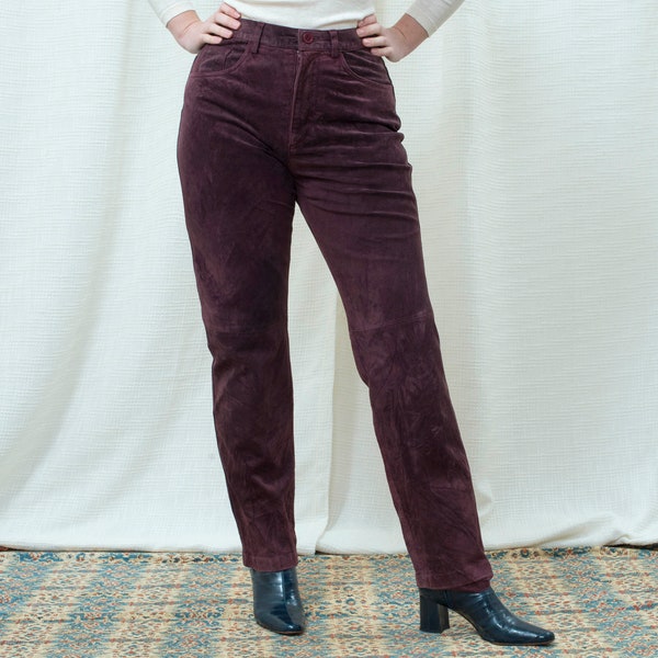 80s purple suede pants medium | 29 waist dark purple suede leather high waisted pants | high rise burgundy suede jeans | suede trousers