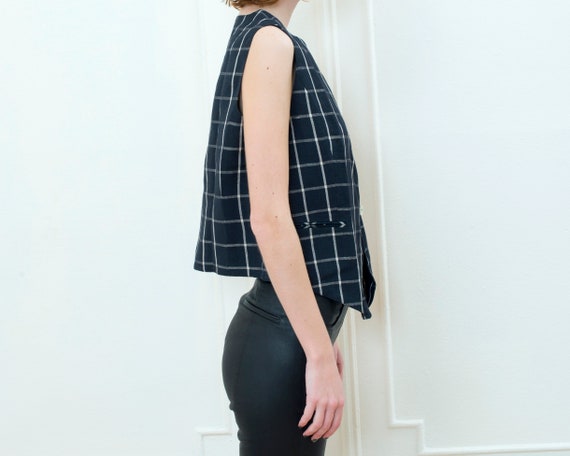 90s black linen vest | black and white plaid chec… - image 5