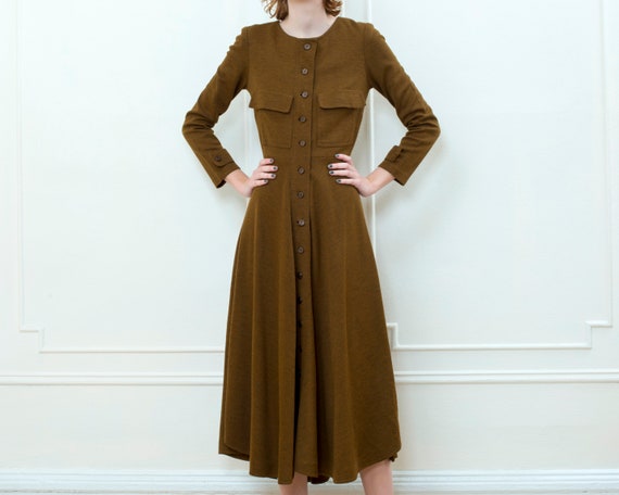 50s brown wool midi dress | patch pocket long sle… - image 3