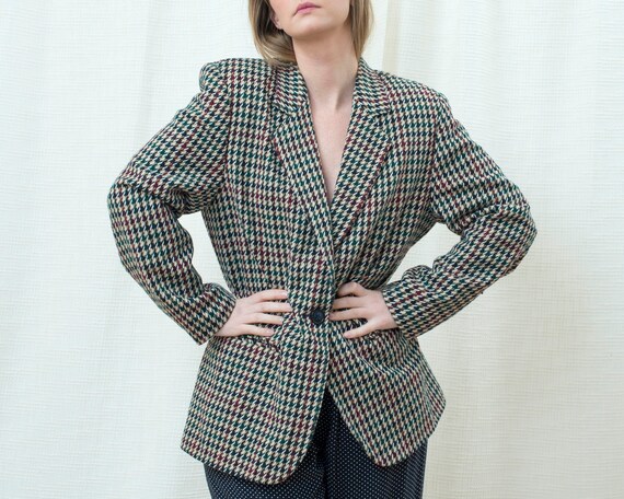 80s plaid houndstooth wool power suit blazer larg… - image 7