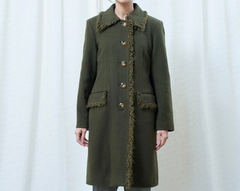 90s dark green wool coat medium | fuzzy trim long collared overcoat | muted forest green car coat | preppy minimalist olive green coat