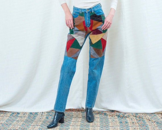 80s suede patchwork jeans 28 waist | small high wa