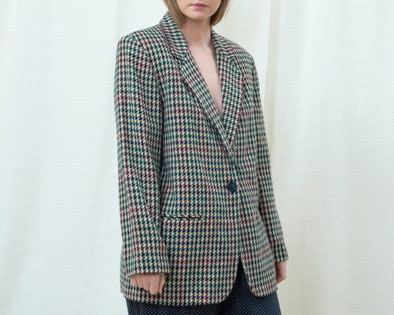 80s plaid houndstooth wool power suit blazer larg… - image 6