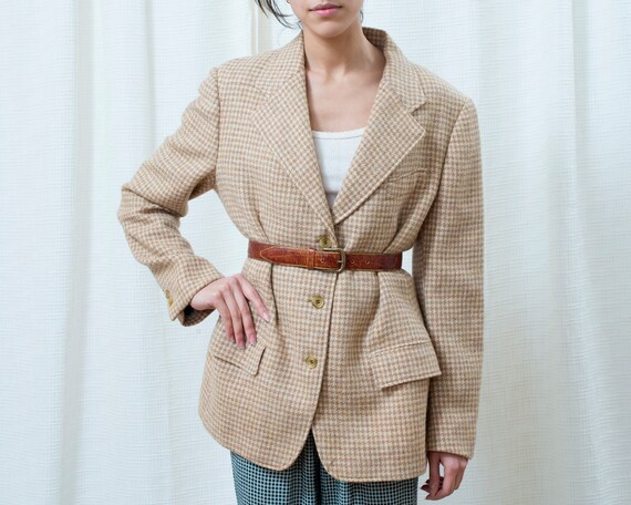 80s tan houndstooth wool power suit blazer large |