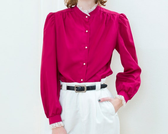 70s pink lace puff sleeve blouse | vintage fuchsia