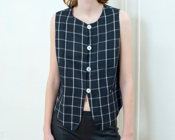 90s black linen vest | black and white plaid chec… - image 2