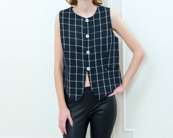 90s black linen vest | black and white plaid chec… - image 1