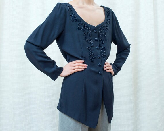 80s navy blue blouse medium | dark blue tunic blo… - image 4