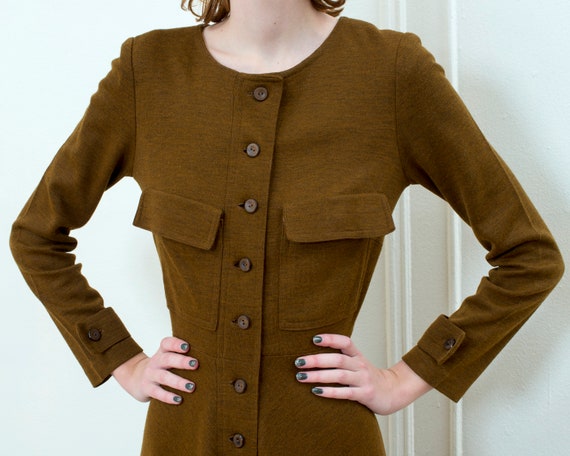 50s brown wool midi dress | patch pocket long sle… - image 2
