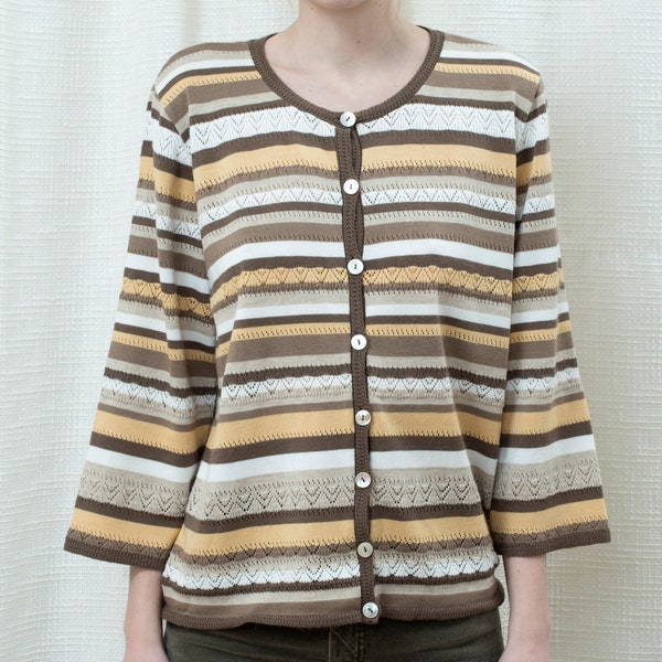 80s brown tan striped cardigan large | preppy monotone stripe button down minimal cardigan sweater | boxy minimalist cardigan | stripe cardi