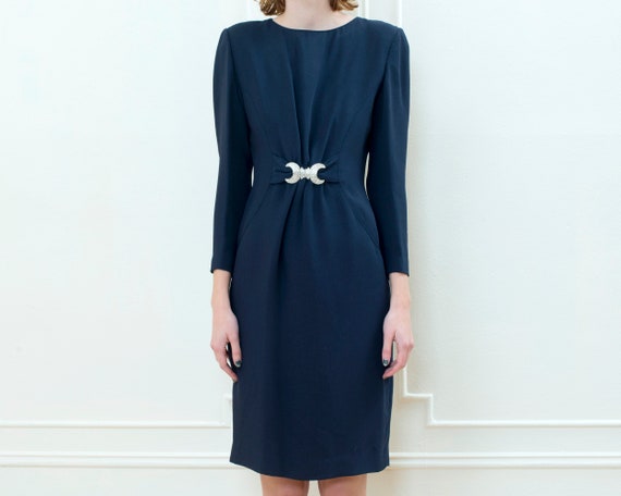 80s navy blue belted sheath dress | dark blue cry… - image 3