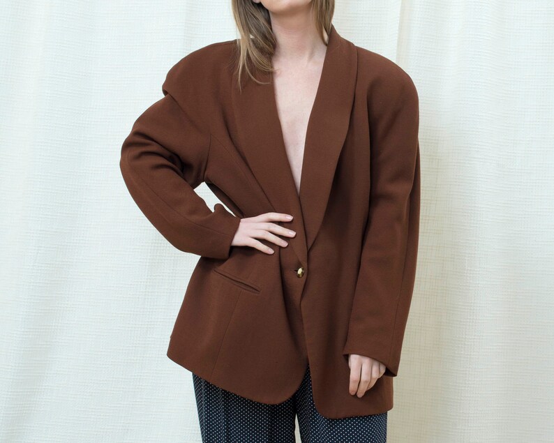 chocolate brown minimal oversized shawl collar round shoulder blazer 80s brown power suit blazer large minimalist big shoulder blazer
