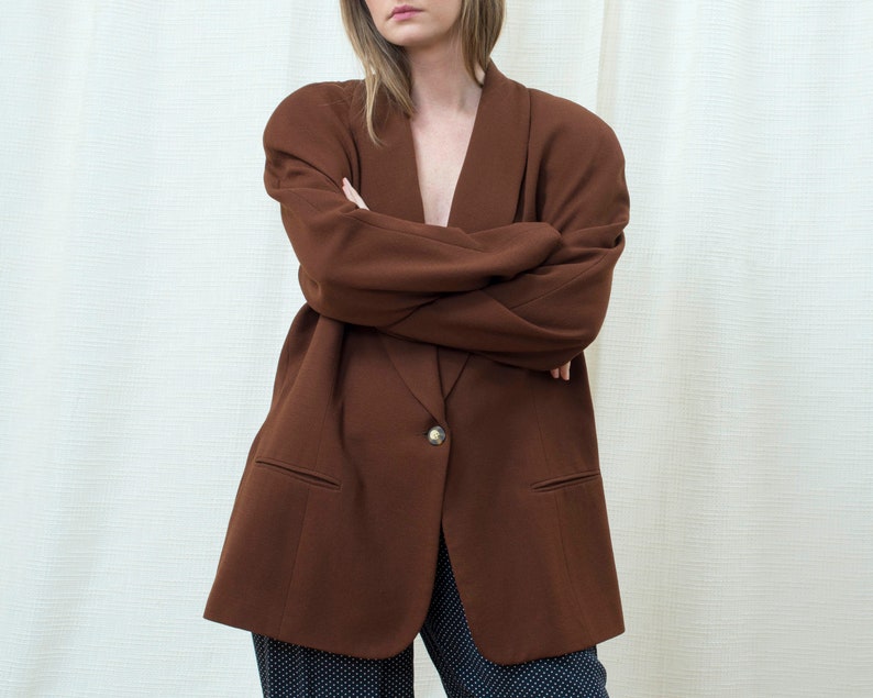chocolate brown minimal oversized shawl collar round shoulder blazer 80s brown power suit blazer large minimalist big shoulder blazer