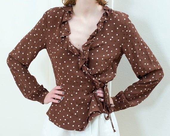 90s brown ruffle polka dot wrap blouse | silky dot