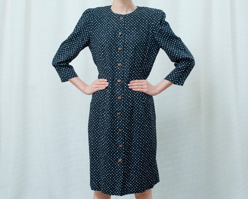 navy polka dot midi dress