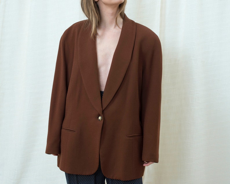 chocolate brown minimal oversized shawl collar round shoulder blazer 80s brown power suit blazer large minimalist big shoulder blazer