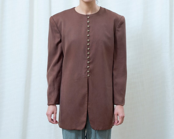 90s brown silk blazer large | minimalist long line
