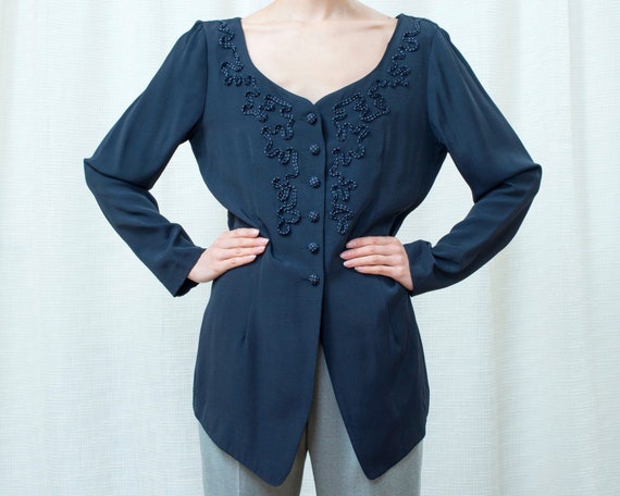 80s navy blue blouse medium | dark blue tunic blo… - image 1