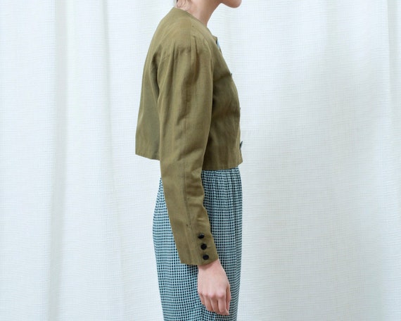 80s green cropped power suit blazer small | linen… - image 5