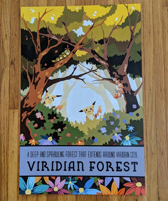 Pokemon Travel Poster Viridian Forest Wall Art Pikachu Caterpie Weedle Kanto Region