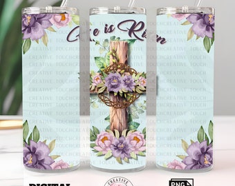 He is Risen Tumbler Wrap: Christian Floral Cross (PNG Digital Download)