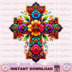 May include: A colorful cross with a floral design. The cross is decorated with bright red, yellow, blue, green, and purple flowers. The flowers are arranged in a symmetrical pattern around the cross.