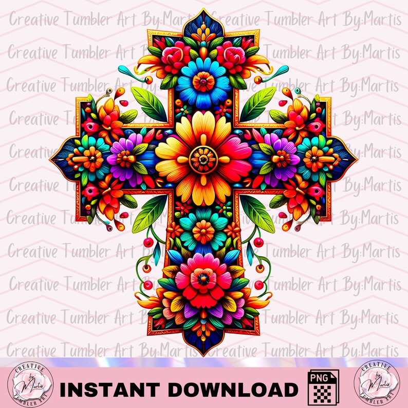 May include: A colorful cross with a floral design. The cross is decorated with bright red, yellow, blue, green, and purple flowers. The flowers are arranged in a symmetrical pattern around the cross.