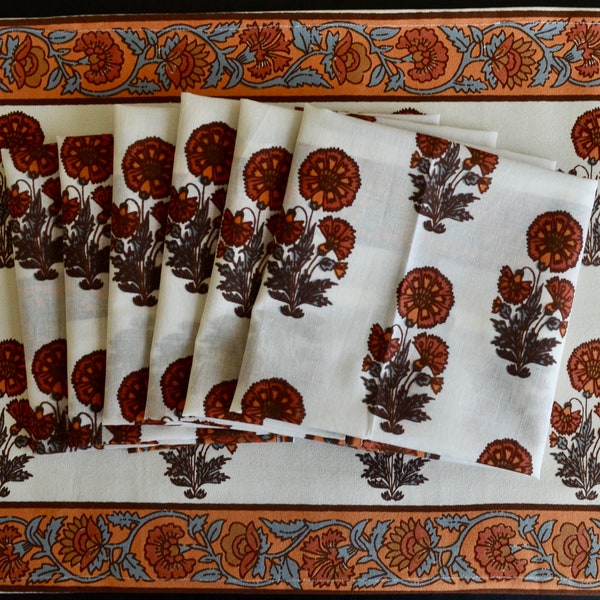 Hand Block Printed Table Mats and Napkins - Floral Red/Brown