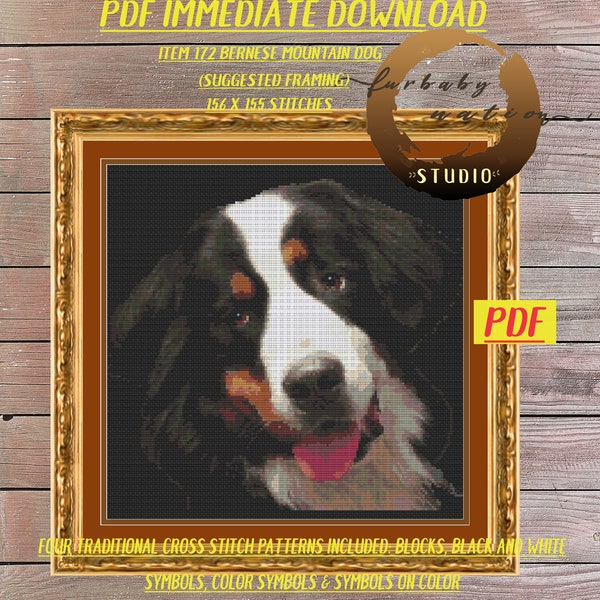 Bernese Mountain Dog Cross Stitch Embroidery Pattern, XStitch PDF Pattern Download,  How To Cross-Stitch Instructions Included with Chart