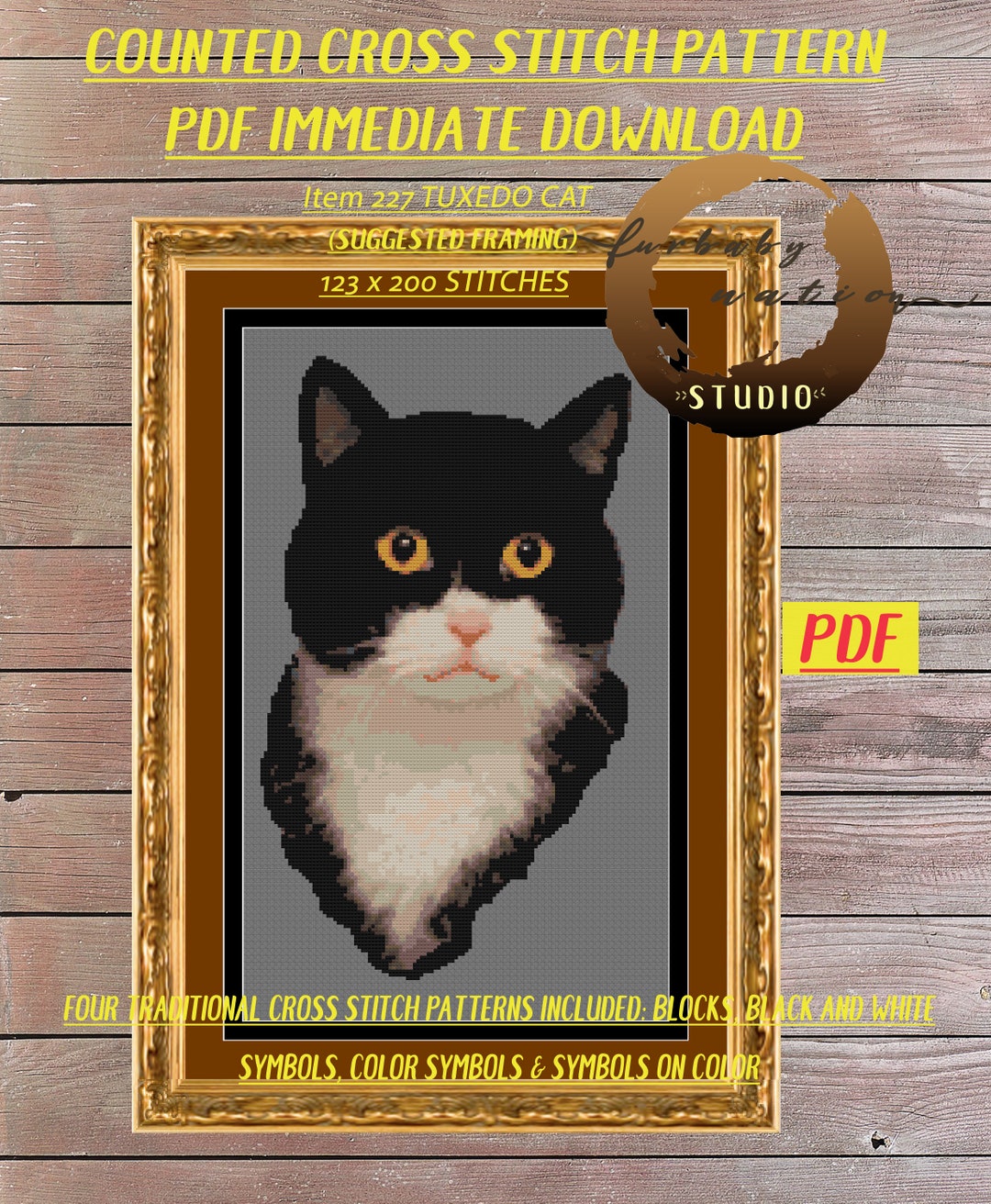 Tuxedo Cat Cross Stitch Embroidery Pattern, Xstitch PDF Pattern