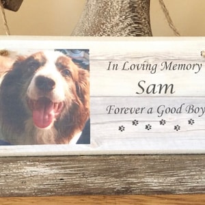 Plaque commémorative personnalisée. Peut être personnalisé avec n'importe quelle photo et n'importe quel texte. Un beau cadeau pour se souvenir d'un chien, d'un chat, d'un cheval ou d'un animal de compagnie bien-aimé